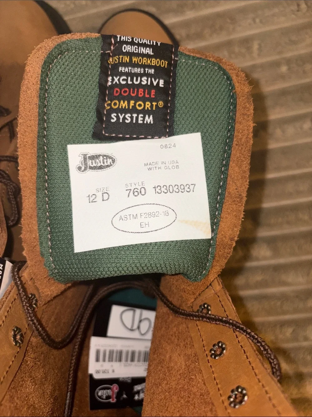 JUSTIN BOOTS men’s work boot 8’’ lace up 12 D nwt